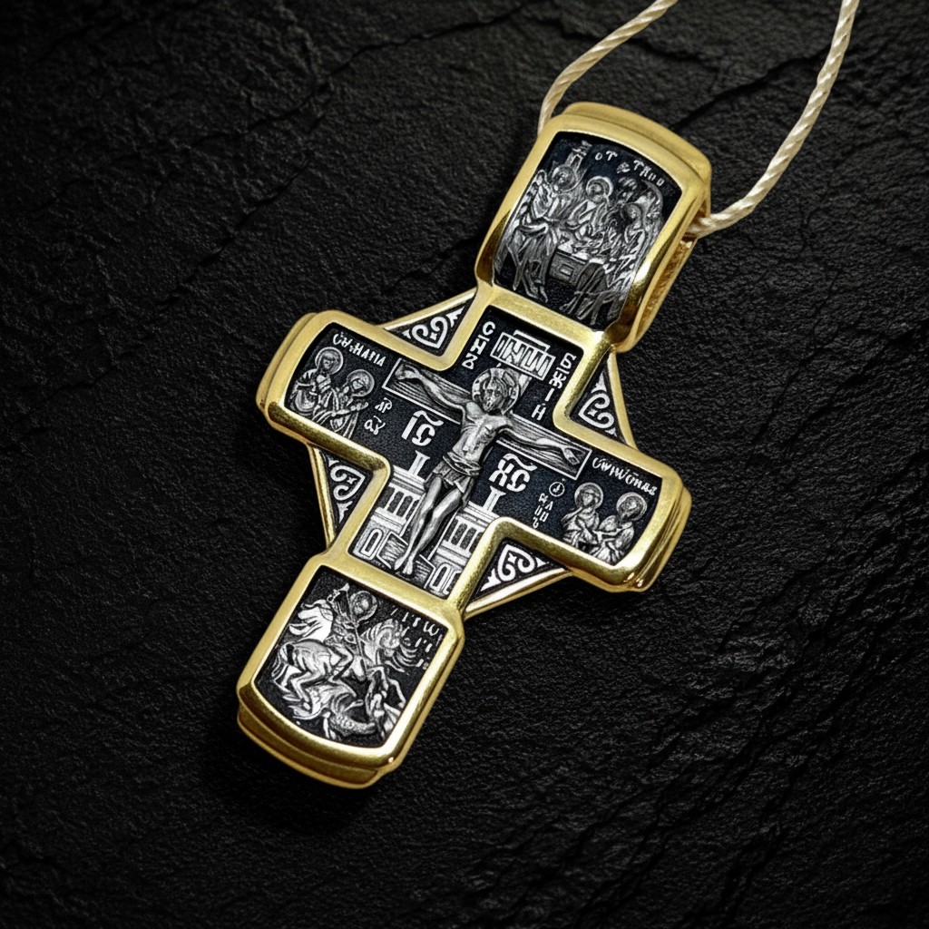 The Crucifixion of Christ with Attendant Figures. The Holy Trinity. St George. St Nicholas the Wonderworker. The Archangels Gabriel and Michael. The Vladimir Icon of the Mother of God. Orthodox Cross