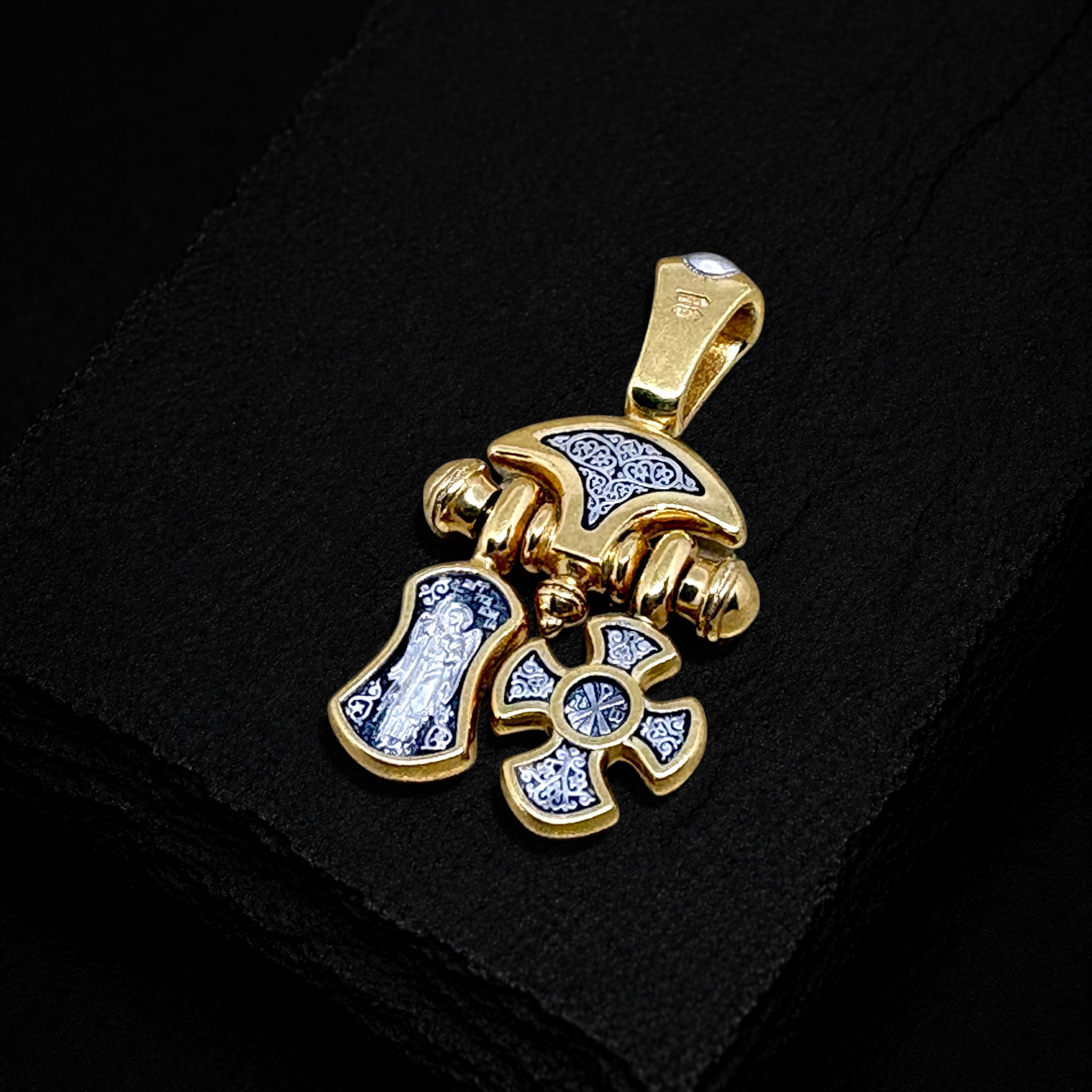 Pendant: Crucifixion. Chrism monogram. Orthodox cross. Valaam Icon of the Mother of God. Guardian Angel.